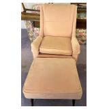 light pink velvet chair with foot stool