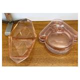 pink glass dreeser box & divided tray