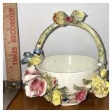 pottery floral bowl with handle