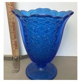 Blue daisy & button glass vase