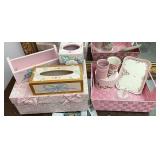 pink lot including tissue boxes, and baskets