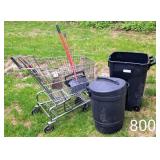 Grocery Cart, Garbage Cans & Broom Set