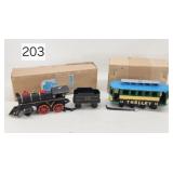 Old Time Cast Iron Locomotive & Trolley Car Set