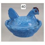 Miniature Blue Milk Glass Hen on Nest