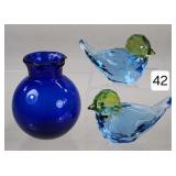 Blue Glass Birds & Vase