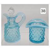Blue Opalescent Hobnail Cruet & Toothpick