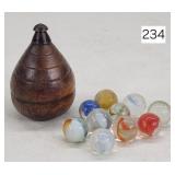 Early Wooden Top & Glass Blown Marbles