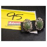 PAIR OF ANTIQUE STERLING MARKED JADE? STONE