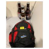 BUDWEISER BOOKBAG & 2 GLASS OVERSIZE BOTTLES,