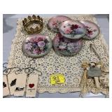 COLLECTOR PLATES, BRASS TREE BASE?, TABLE CLOTH,