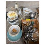 SUNBEAM MIXER, FLATWARE, MILK GLASS MIXING BOWLS,