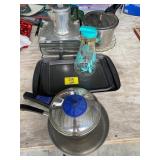 BAKING PANS, POTS & PANS, BLUE GLASS PITCHER,