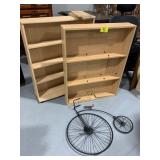PAIR OF PRESSED WOOD BOOKSHELVES, METAL BIKE
