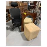 WOODEN COAT RACK MIRROR, STORAGE OTTOMAN, ROLLING