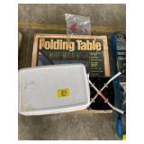 2 FOLDING TABLES, COOLER, STOOL