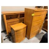 MID CENTURY WOODEN HEADBOARD, NIGHT STAND, CHEST