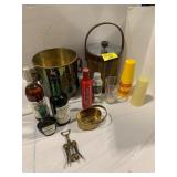BARWARE BOTTLES, ICE BUCKETS, BRASS BASKET,