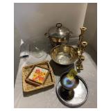 BRASS CANDLESTICKS, SILVERPLATE BOWL & CASSEROLE