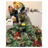2 CHRISTMAS WREATHS, LARGE CHRISTMAS PLUSH BEAR