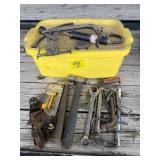 LIDDED TOTE W/ WRENCHES, ALLEN WRENCHES, HAMMERS,