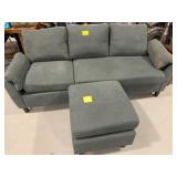 BLUE UPHOLSTERED LOVE SEAT W/ MATCHING OTTOMAN