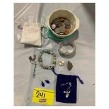 MARKED .925 NECKLACE, COSTUME JEWELRY, COINS /