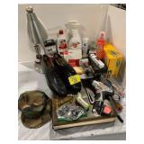 CLEANING SUPPLIES, DESK LAMP, HAND TOOLS,