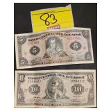 (2) 1977 ECUADOR 5- AND 10-SUCRES AU BANKNOTES