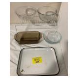 PYREX & GLASS BOWLS & CASSEROLE DISH, ENAMELWARE