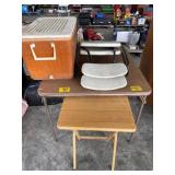 TV TRAY, COOLER FULL OF LIGHT BULBS, CARD TABLE &