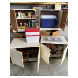 2 COOLERS, GARAGE CABINETS FULL OF HARDWARE &