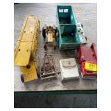 GROUP OF ANTIQUE METAL TRUCK PARTS & TRAILERS,