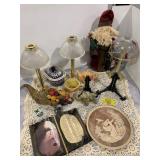 POLISH POTTERY CANDY DISH, BRASS CANDLE HOLDER