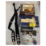 GLASSES, MULTI-TOOL IN BOX, SUSPENDERS,