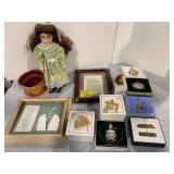FRAMED WALL ART, DOLL, HALLMARK & BRASS CHRISTMAS