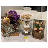 MILK GLASS LAMP, PLUSH BEAR, ARTIFICIAL FLOWERS