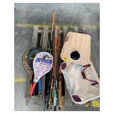 FISHING POLES, TENNIS RACKETS, 1 REEL, ETC