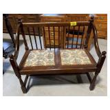 38' LONG ANTIQUE WOODEN BENCH W/ NEEDLEPOINT