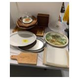 GLASS CAKE PLATE, WOODEN SERVING PLATTERS,