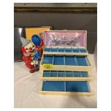 PORTFOLIO OF LADY PICTURES, CLOWN FIGURINE,