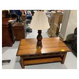 50' LONG WOODEN COFFEE TABLE, WOODEN LAMP