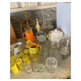 YELLOW JUICE PITCHER & GLASSES SET, PRESSED GLASS