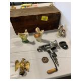 WOODEN CRATE, PLANTER POTS, METAL EAGLE (BRASS?),