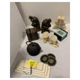 CAST IRON ASIAN TEAPOT, BOOK ENDS PAIRS, GLASS