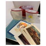 PLASTIC FOOD STORAGE, STACK OF ARTISIT PRINTS
