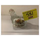 ANTIQUE GLASS HEN ON NEST CANDY DISH W/ CANDY &