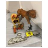 LEATHER LION, OWL THERMOMETER, TIN LITHO MONKEY &
