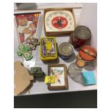 HIGHLAND MILK BOTTLE, COKE CLOCK, COFFEE TINS,