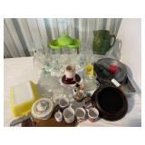 PYREX FRIDGE DISH, GREEN STONEWARE PITCHER,