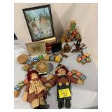 COPPER BELL, ANTIQUE WOODEN BLOCKS & RAGGEDY ANNE